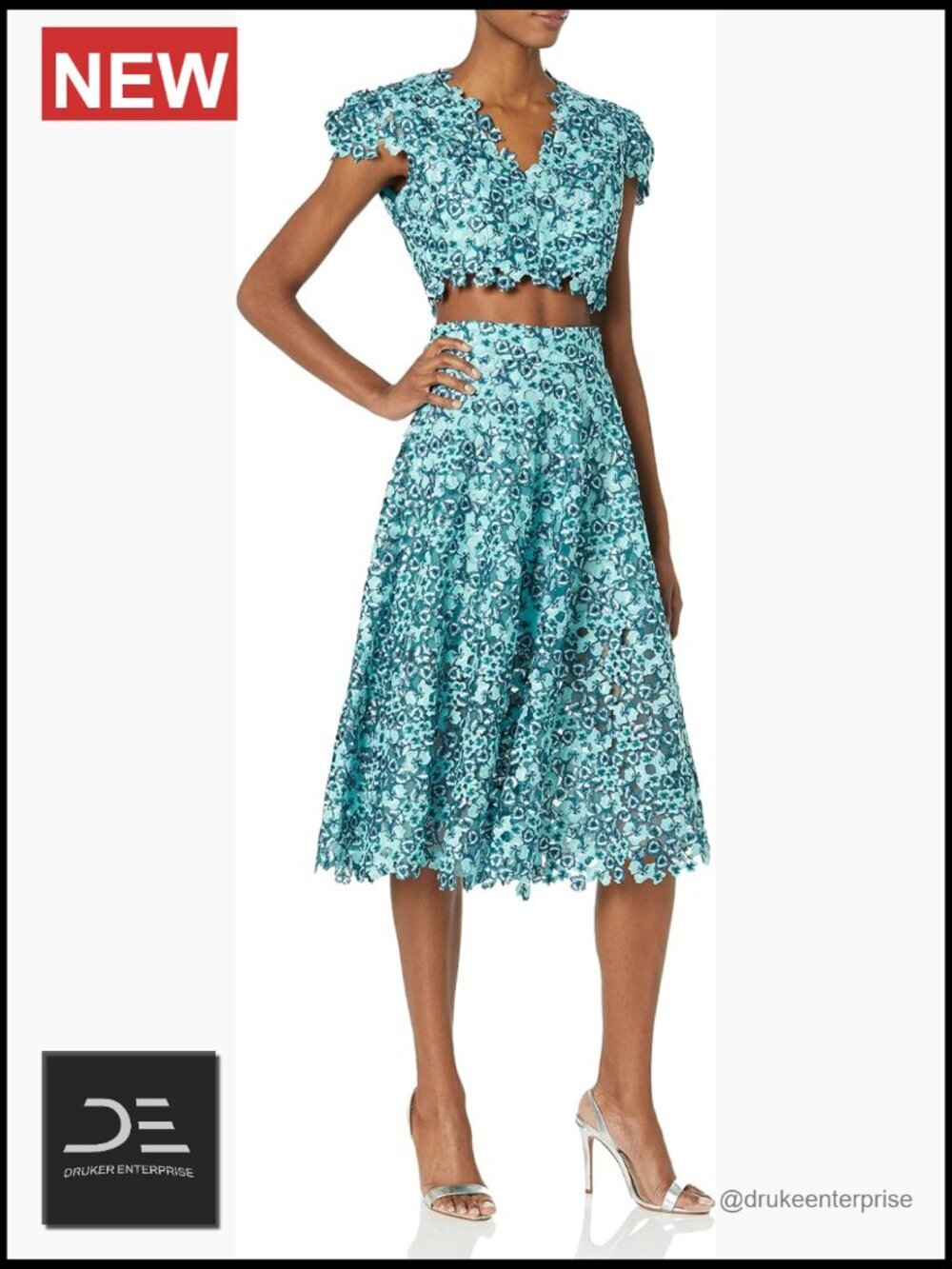 Two Piece Set with Floral Embroidery and Scallop Hem